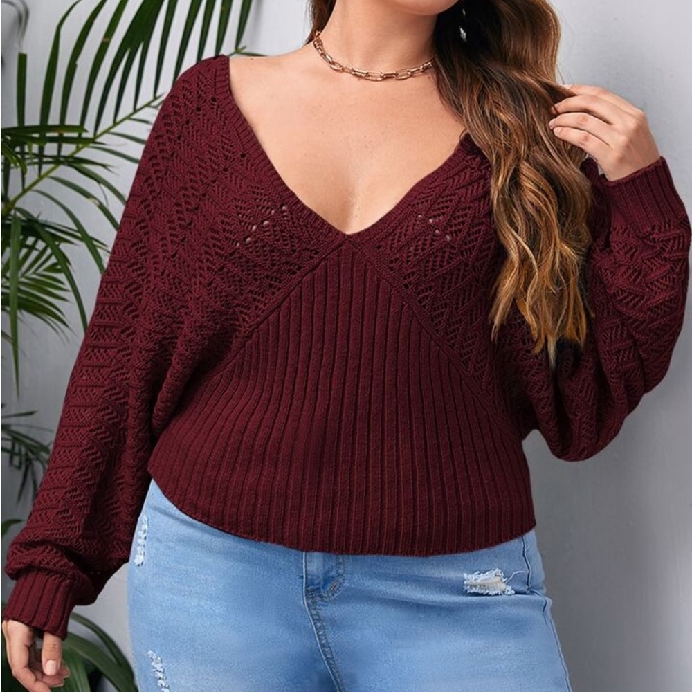 Shein Burgundy Pointelle Knit Sweater with Deep V-Neck & Batwing Sleeves 3XL/18
